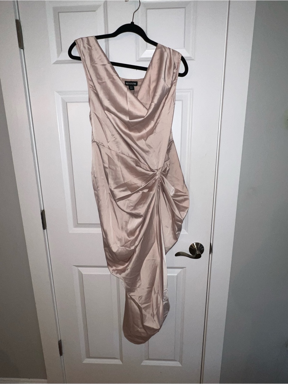 PrettyLittleThing Drape-Front Satin Asymmetrical Dress in Blush Pink